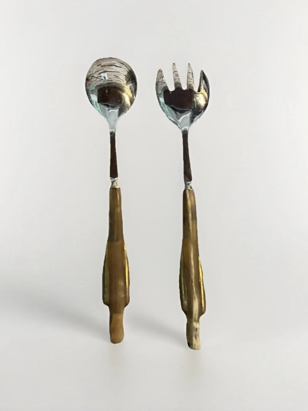 Vintage Gold-Tone Decorative Salad Serving Set with Color Accent Handles